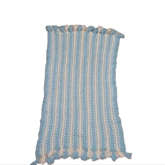 Handmade Crochet White & Light Blue Afghan Blanket